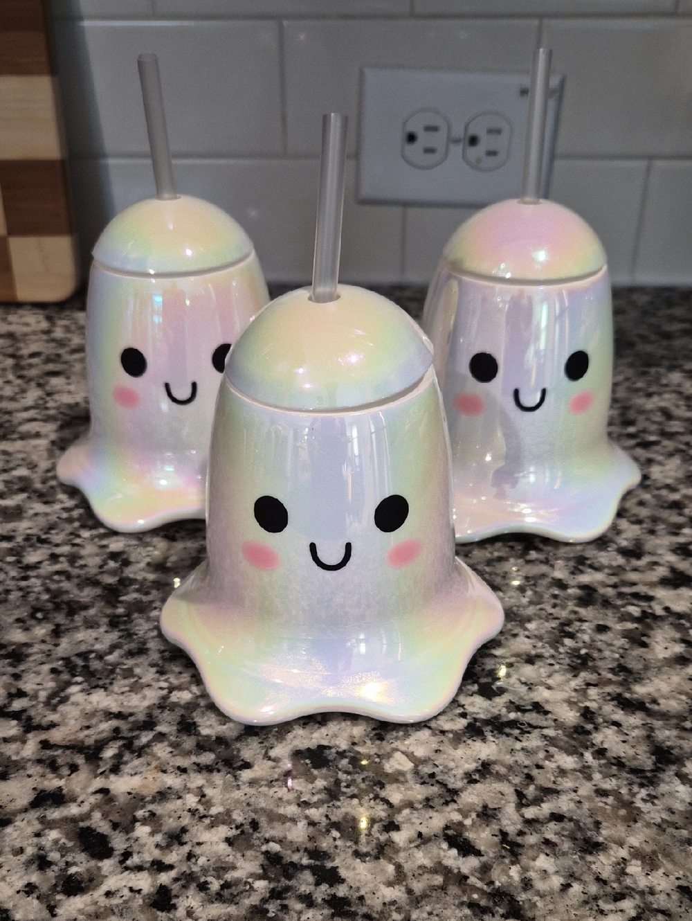 Iridescent Ghost Plastic Cup with Straw - Cute Ghost Set Of 3